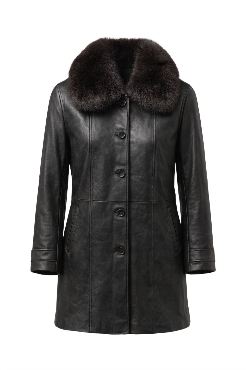 1990s Black Leather Coat with Fur Collar - Front View
