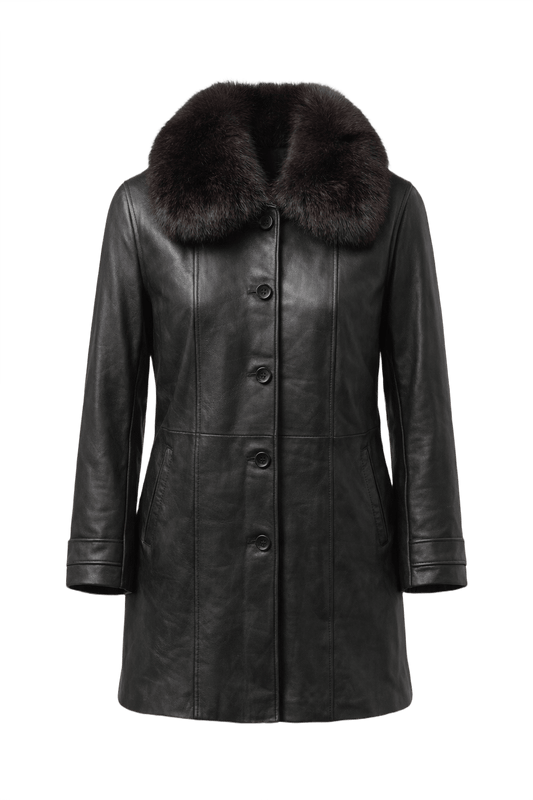 1990s Black Leather Coat with Fur Collar - Front View