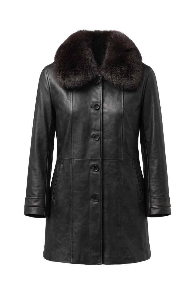 1990s Black Leather Coat with Fur Collar - Front View