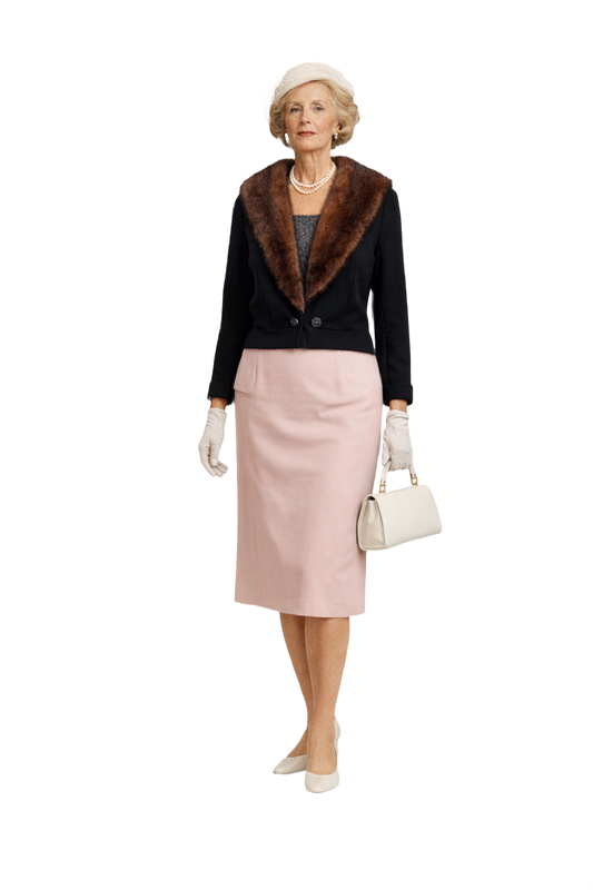 1950s Black Wool Cardigan with Fur Collar - Model