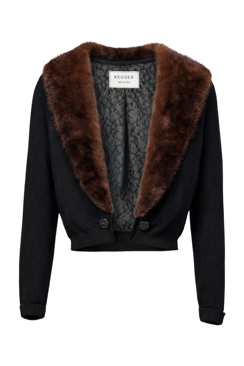 1950s Black Wool Cardigan with Fur Collar - Front View