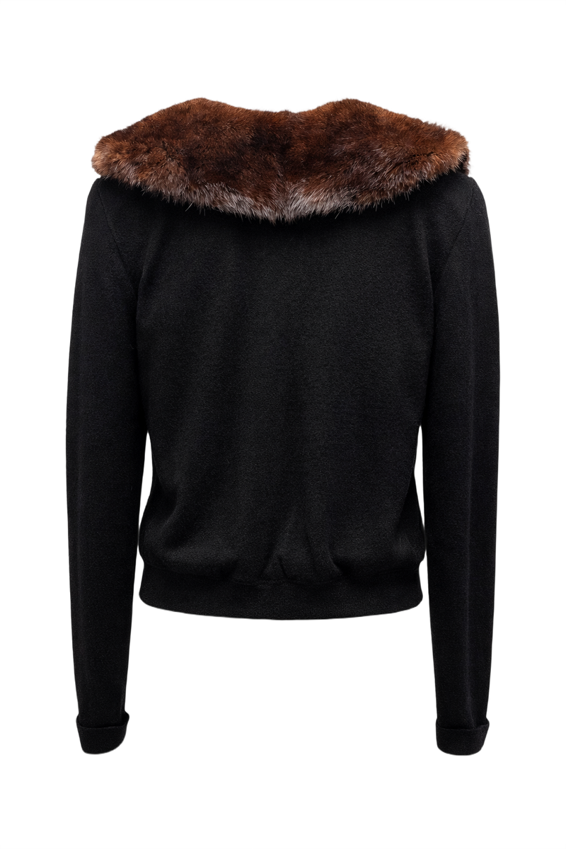 1950s Black Wool Cardigan with Fur Collar - Back View