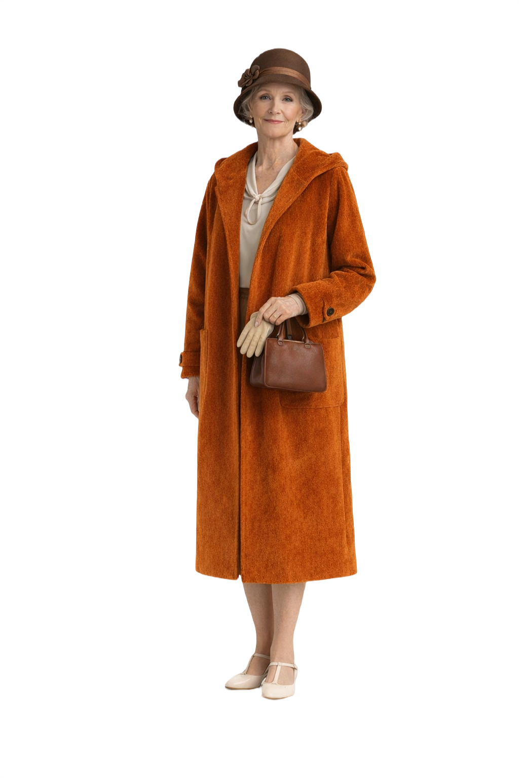 1930s Rust Orange Velvet Coat - Model