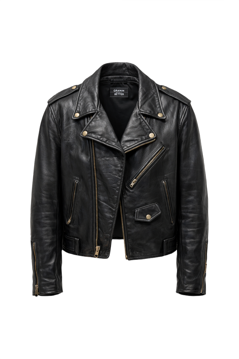 1990s Black Leather Biker Jacket - Front View