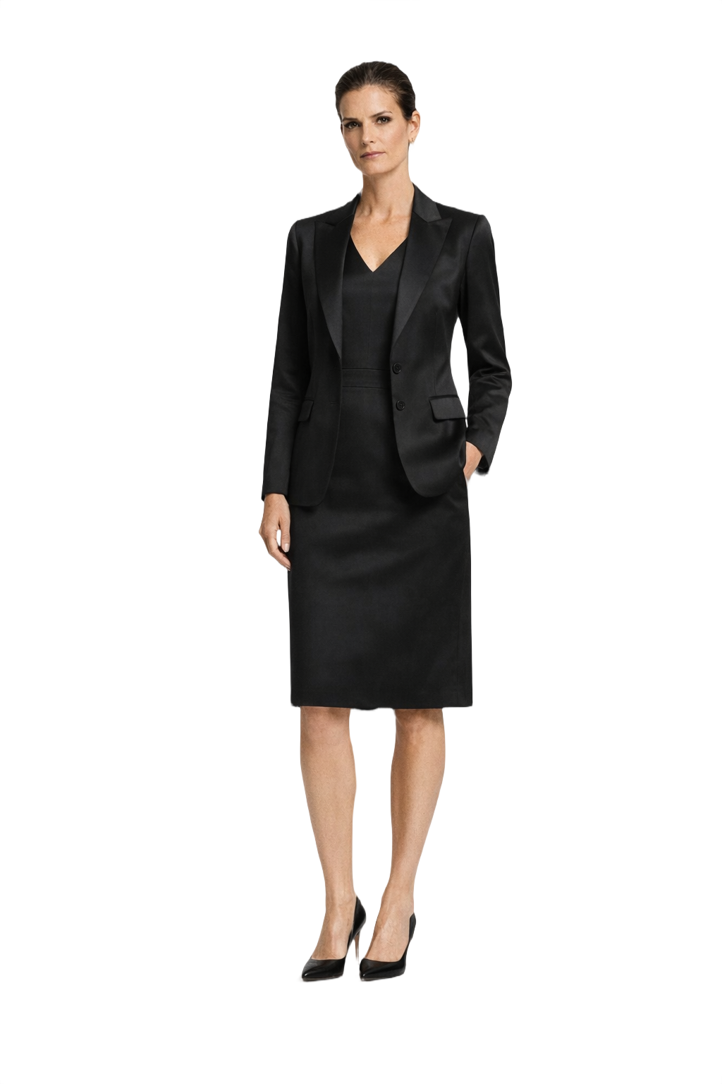 1990s Black Satin Skirt Suit - Model