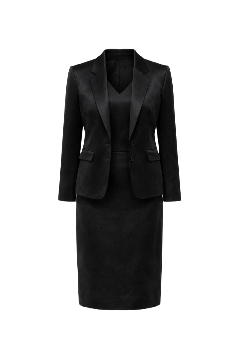 1990s Black Satin Skirt Suit - Front View