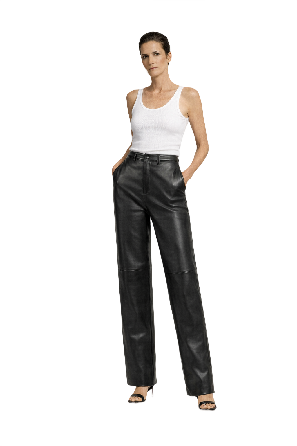 1990s Black Leather High-Waisted Pants - Model