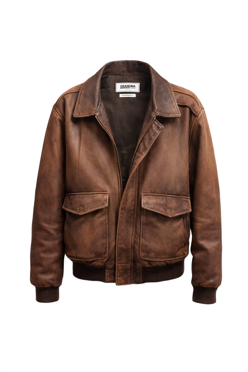 1990s Brown Leather Bomber Jacket - Front View