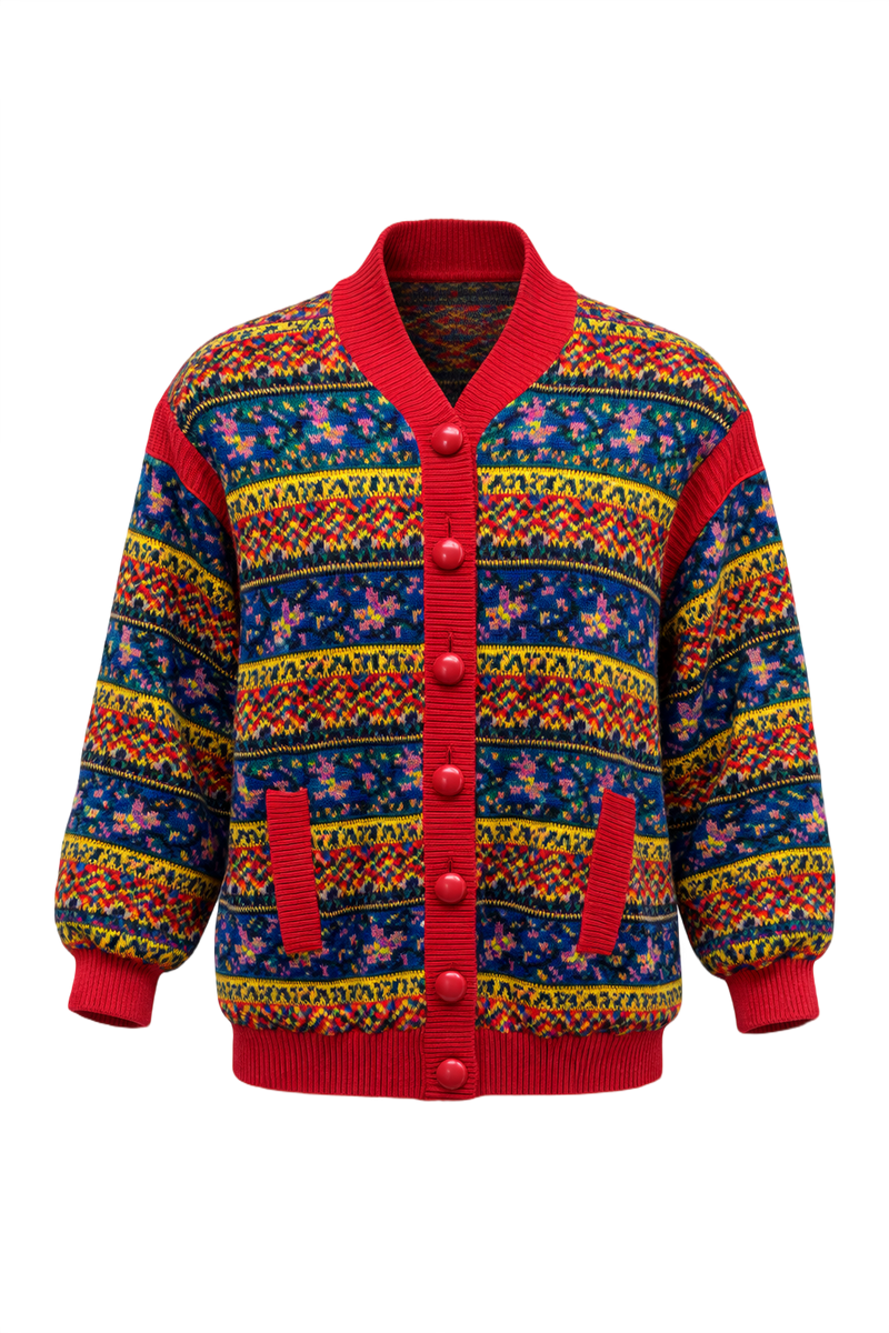1980s Multi-Color Wool Blend Cardigan - Front View