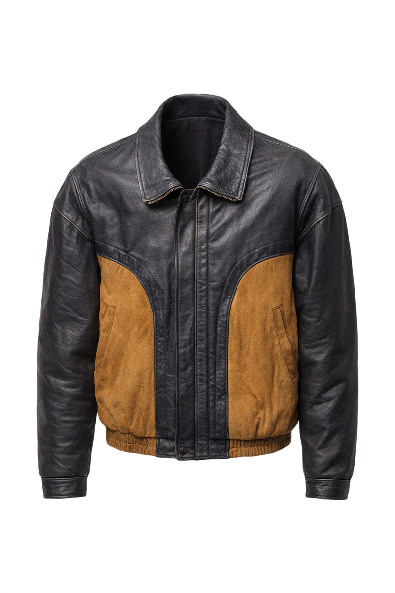 1980s Black Leather Bomber Jacket - Front View