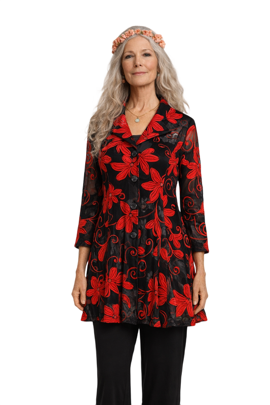 1970s Black Mesh Floral Jacket - Model