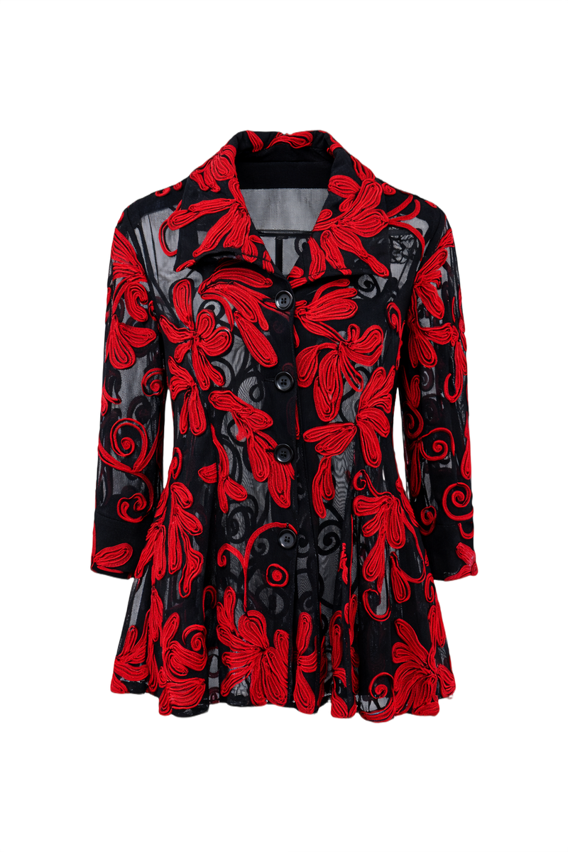 1970s Black Mesh Floral Jacket - Front View