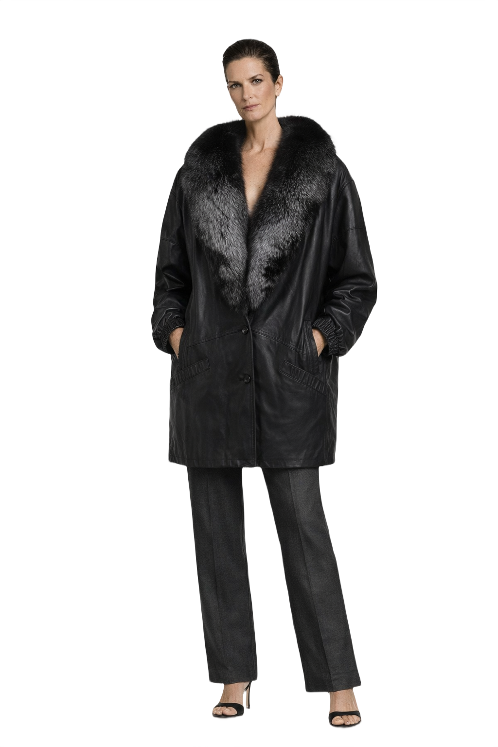 1990s Black Leather Fur Coat - Model