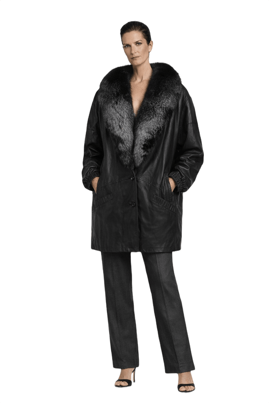 1990s Black Leather Fur Coat - Model