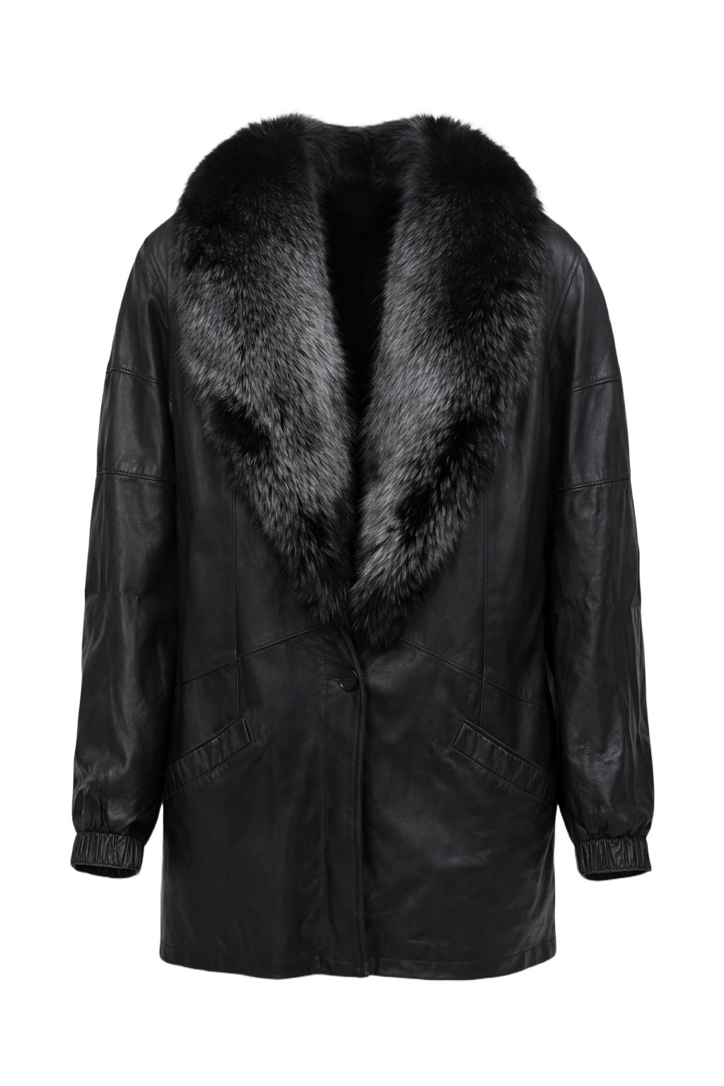 1990s Black Leather Fur Coat - Front View