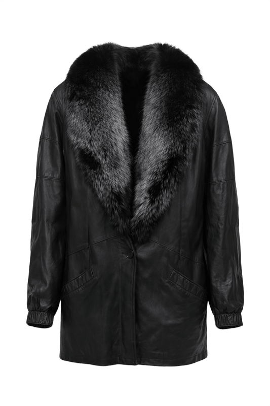 1990s Black Leather Fur Coat - Front View
