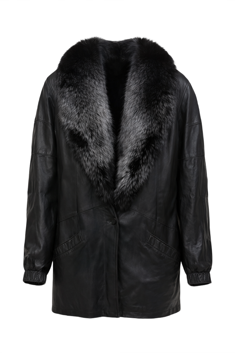 1990s Black Leather Fur Coat - Front View