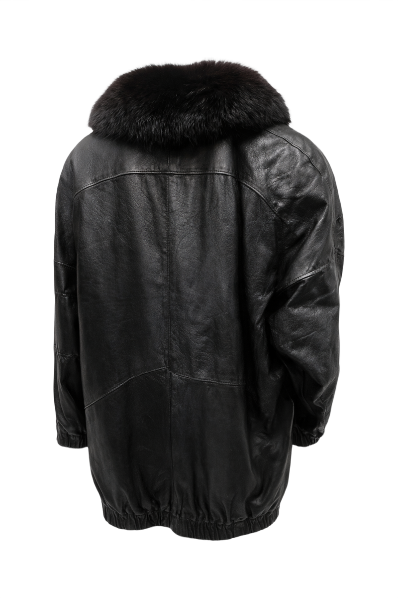 1990s Black Leather Fur Coat - Back View