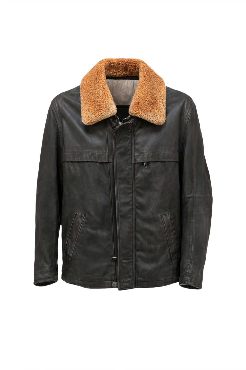 1970s Black Leather Jacket with Shearling Collar - Front View