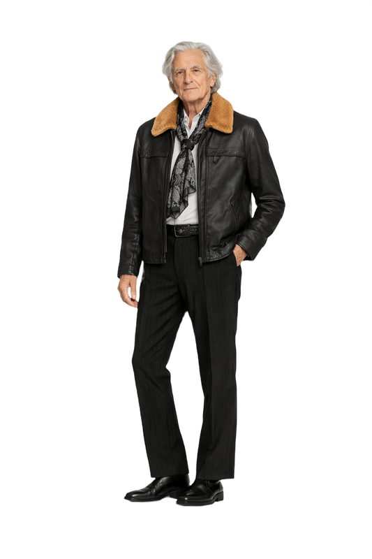 1970s Black Leather Jacket with Shearling Collar - Model
