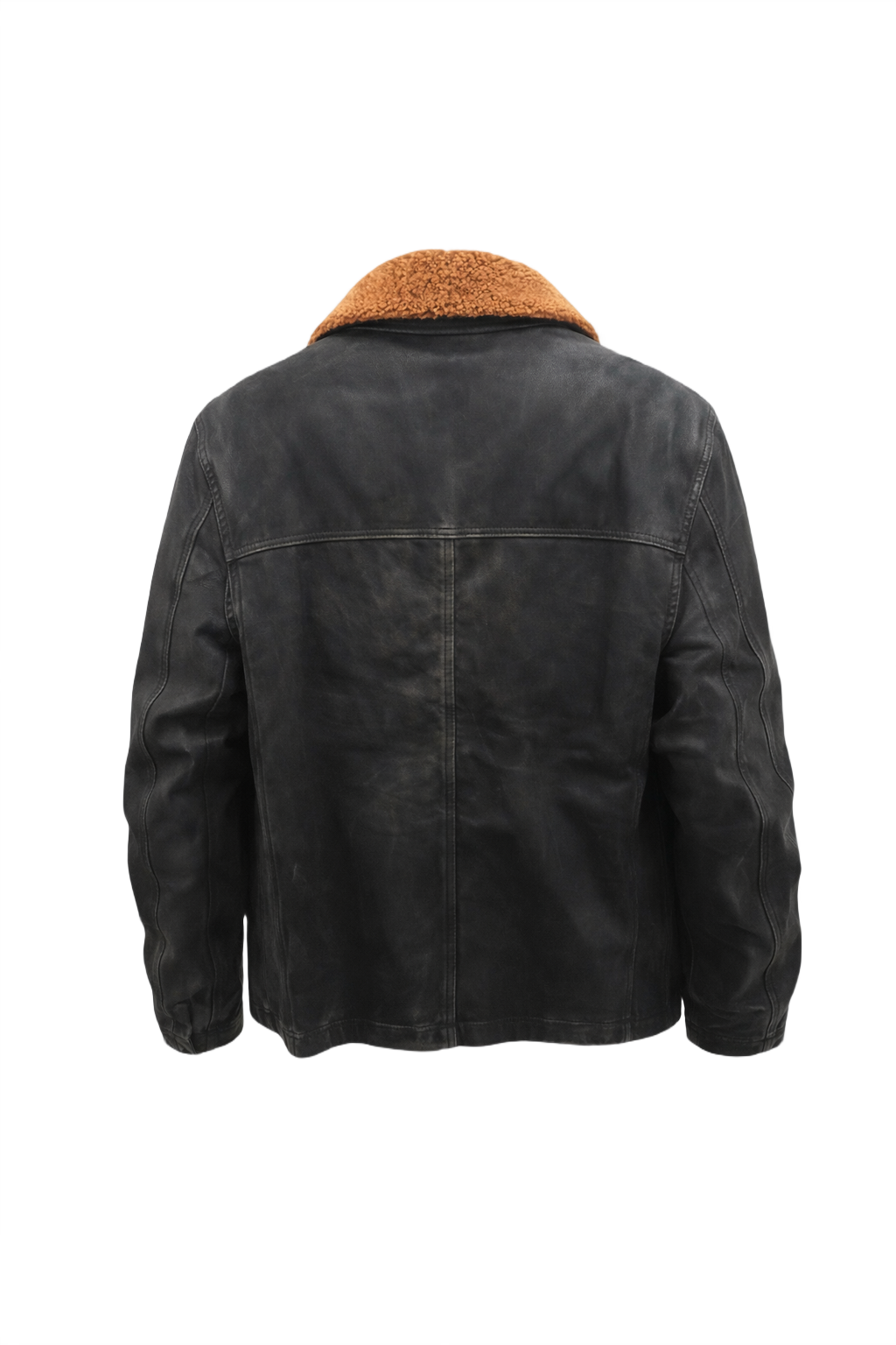 1970s Black Leather Jacket with Shearling Collar - Back View