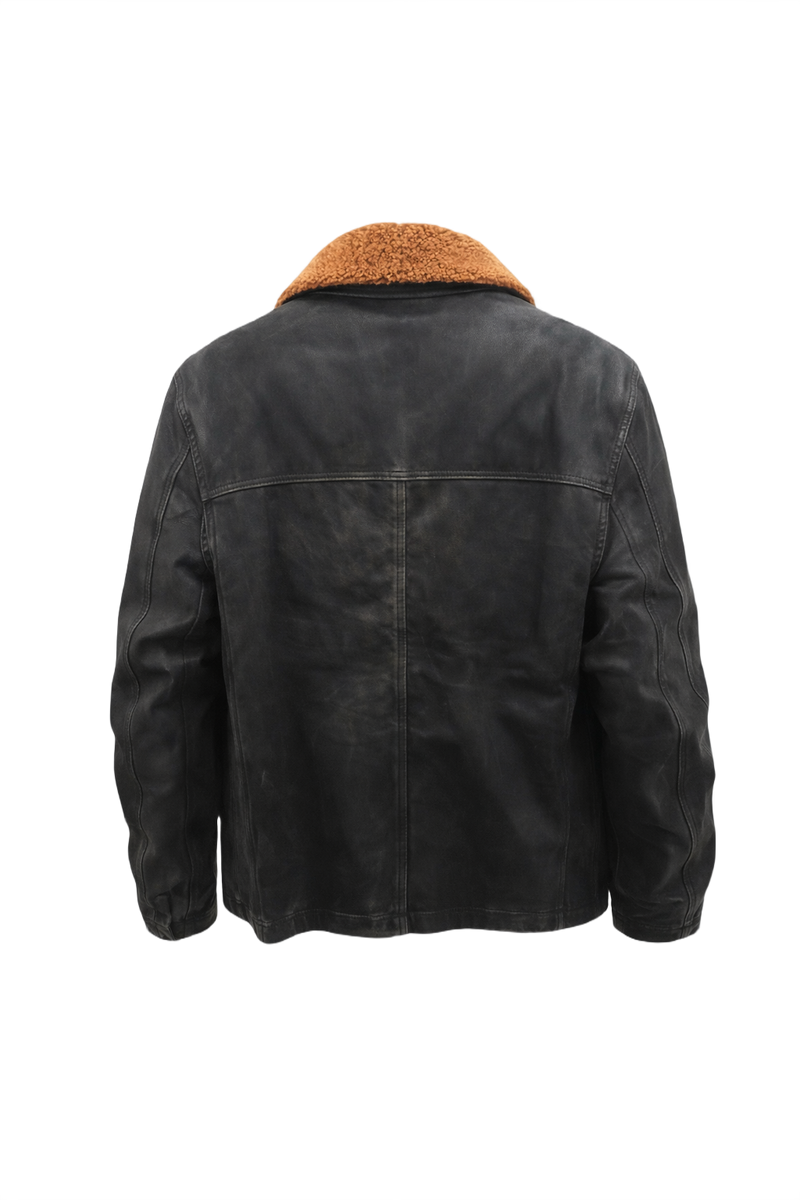1970s Black Leather Jacket with Shearling Collar - Back View