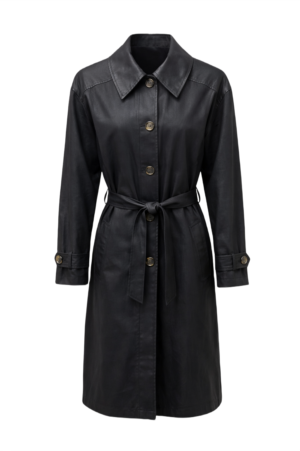 1990s Black Cotton Blend Trench Coat - Front View