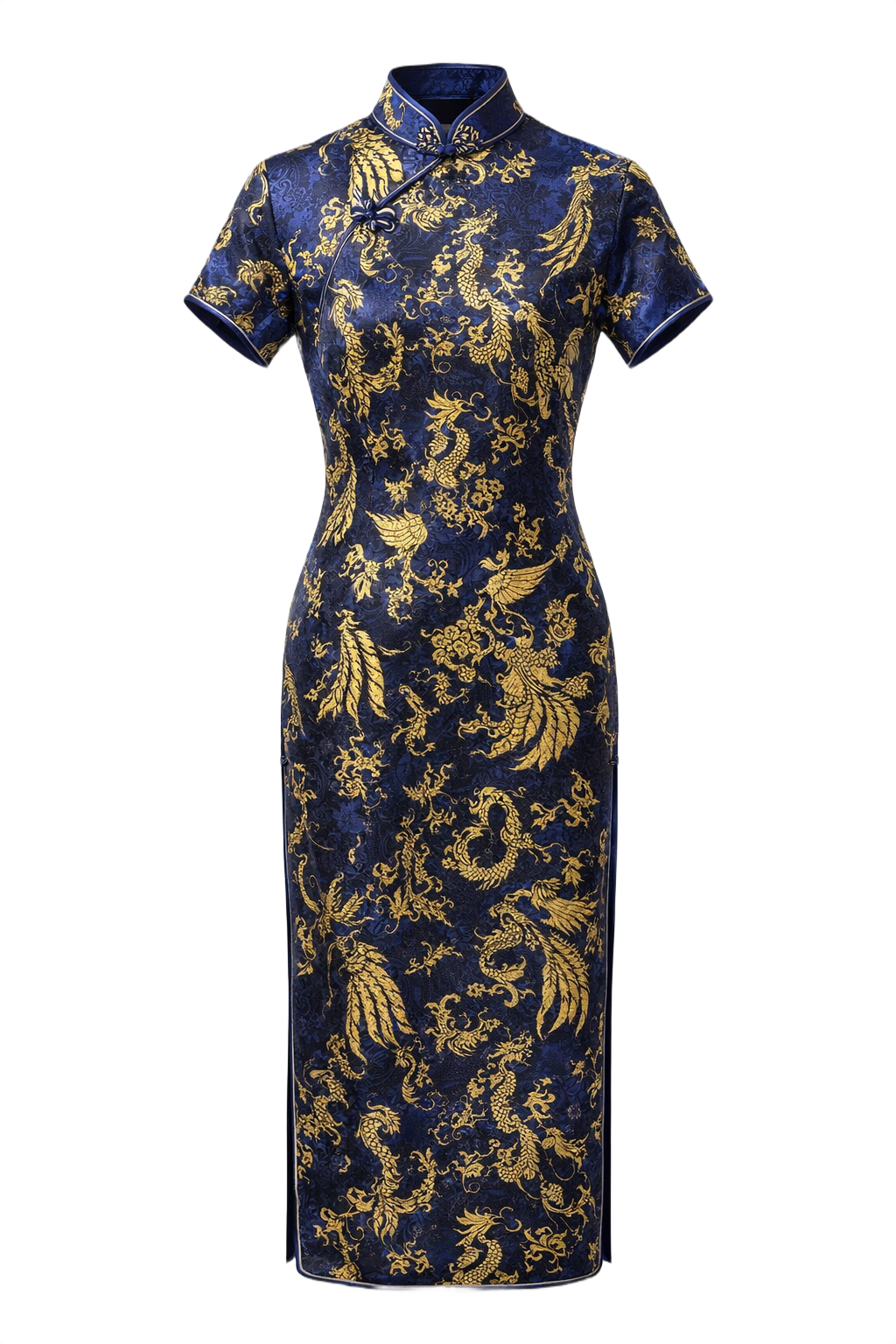 1970s Royal Blue Synthetic Cheongsam - Front View