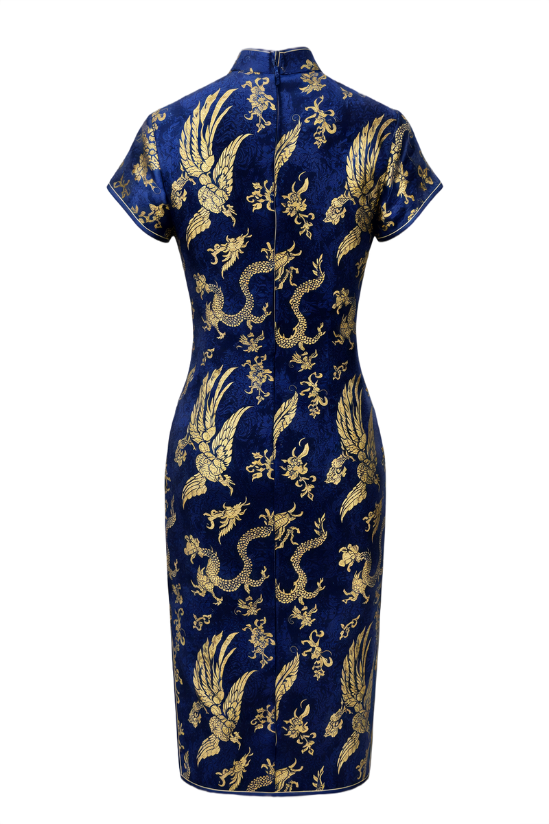 1970s Royal Blue Synthetic Cheongsam - Back View