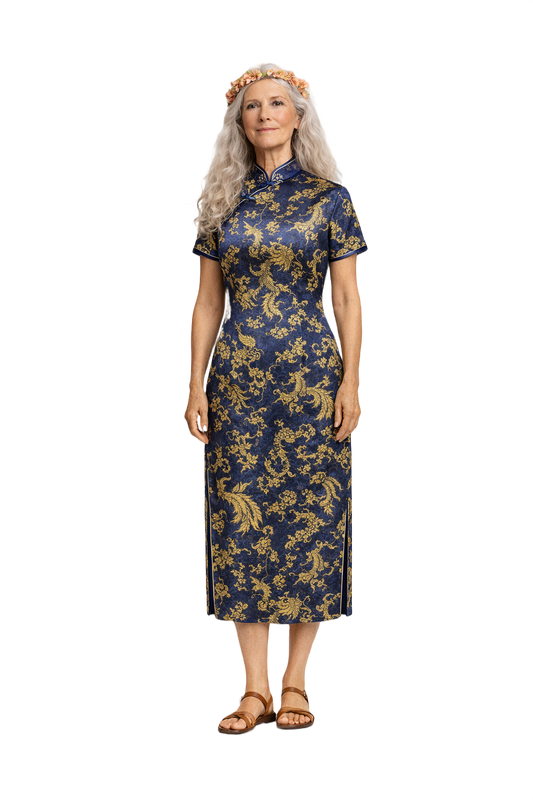 1970s Royal Blue Synthetic Cheongsam - Model