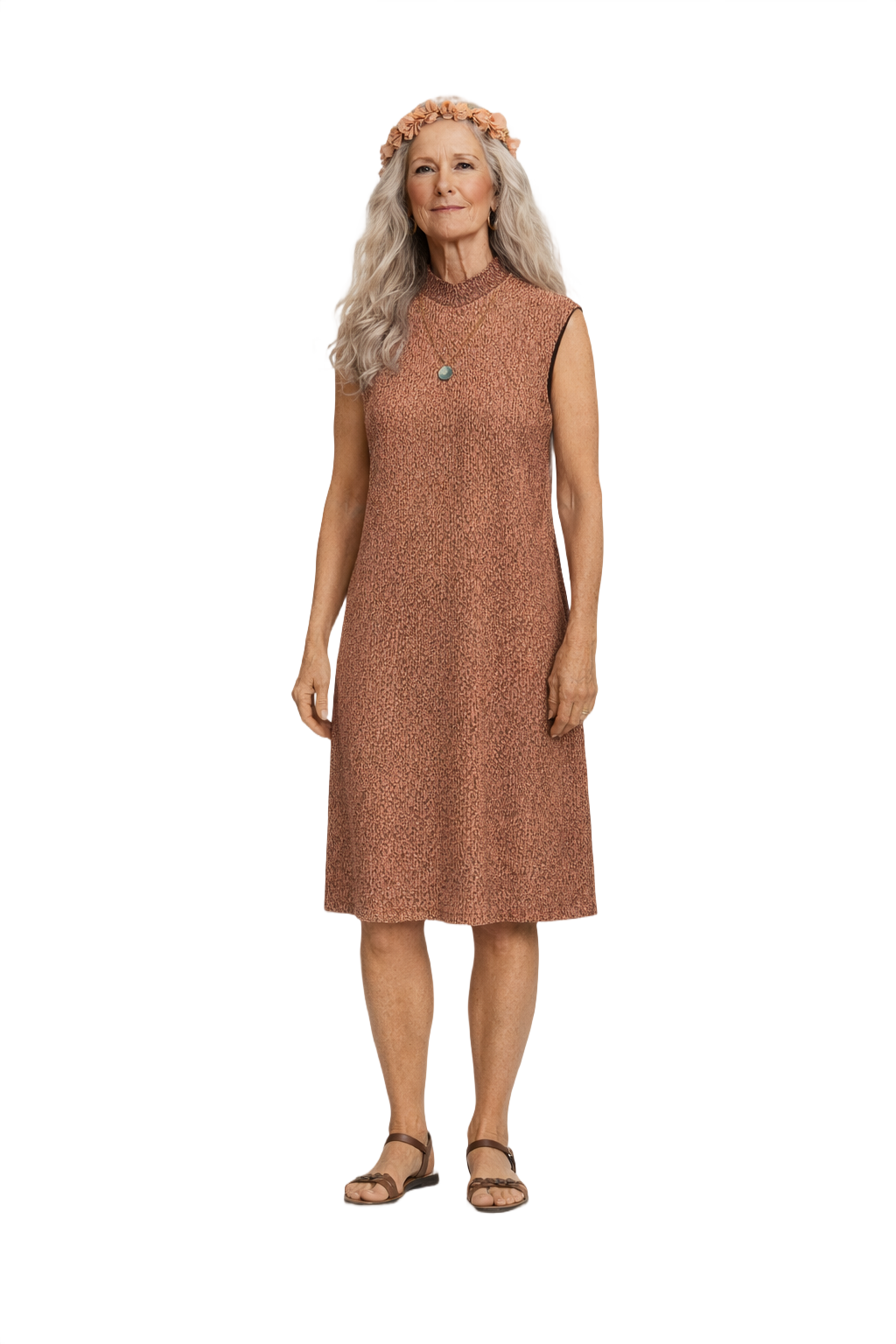 1970s Rust Red Textured Polyester Dress - Model