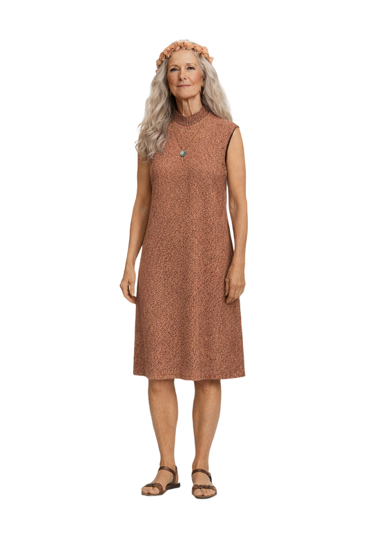 1970s Rust Red Textured Polyester Dress - Model