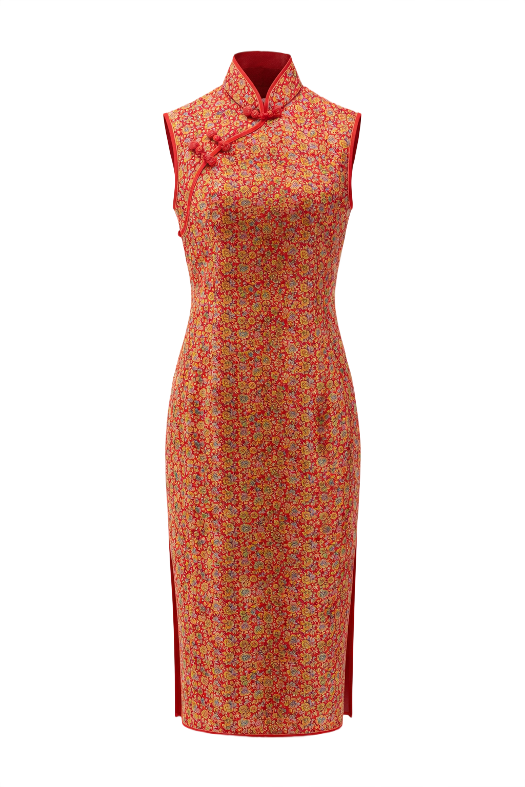 1970s Red Brocade Cheongsam Dress - Front View