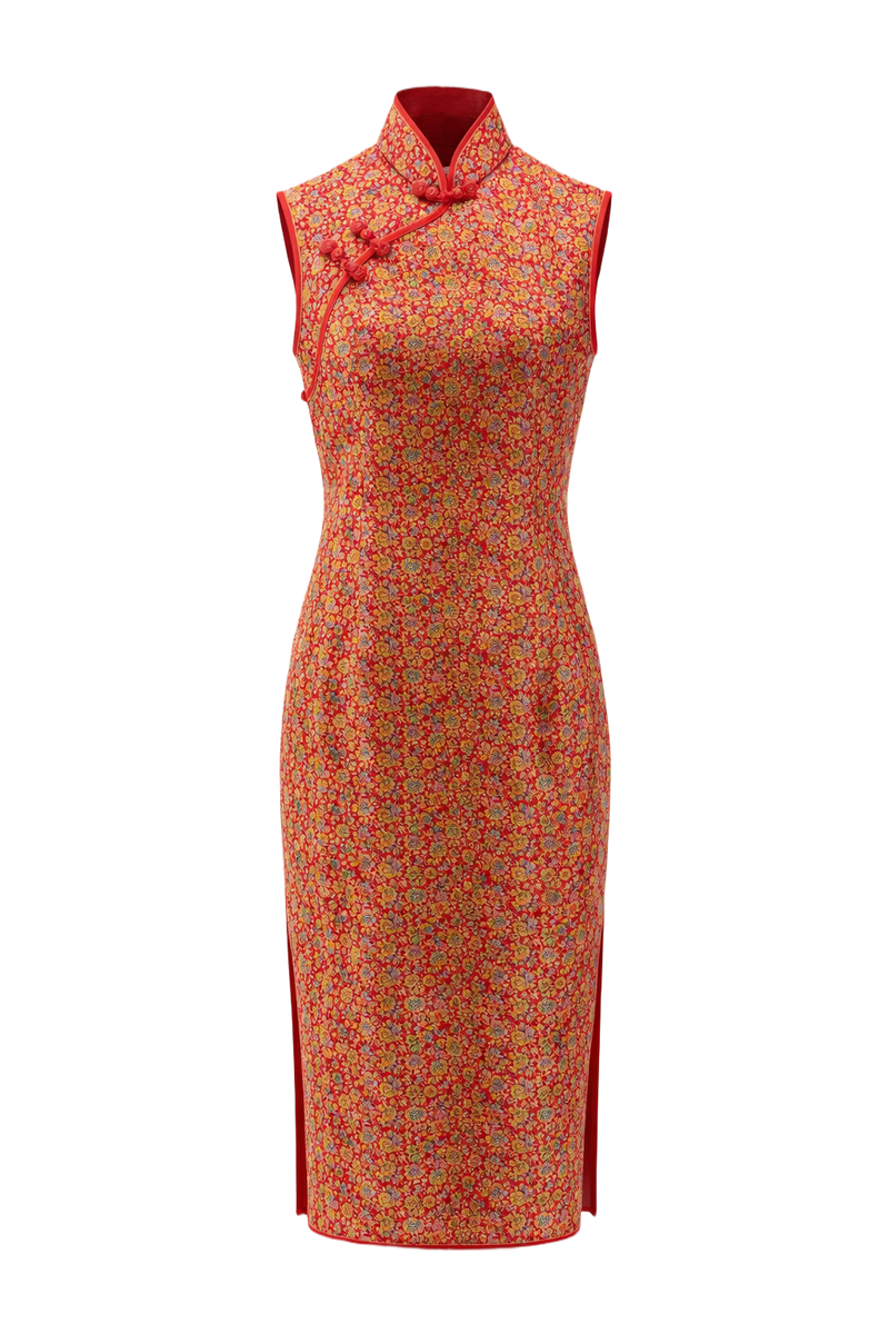 1970s Red Brocade Cheongsam Dress - Front View