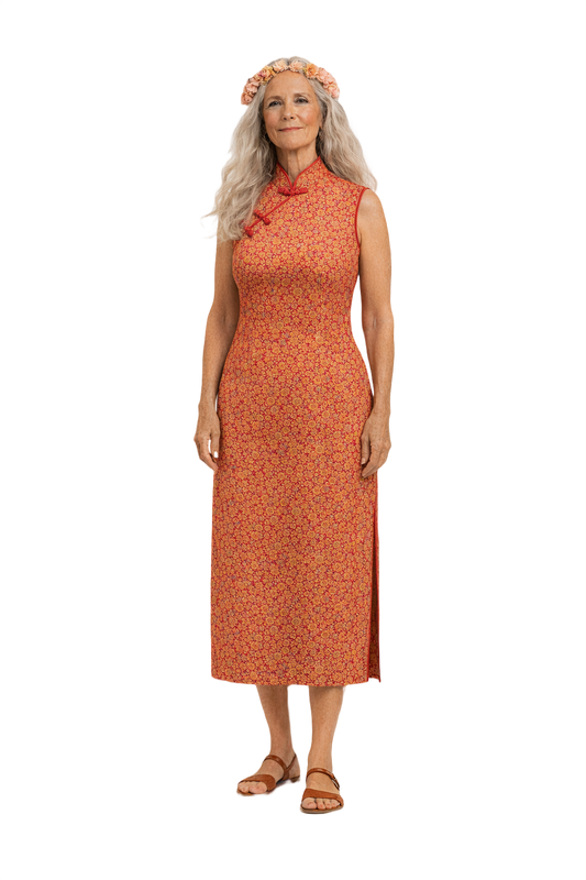 1970s Red Brocade Cheongsam Dress - Model