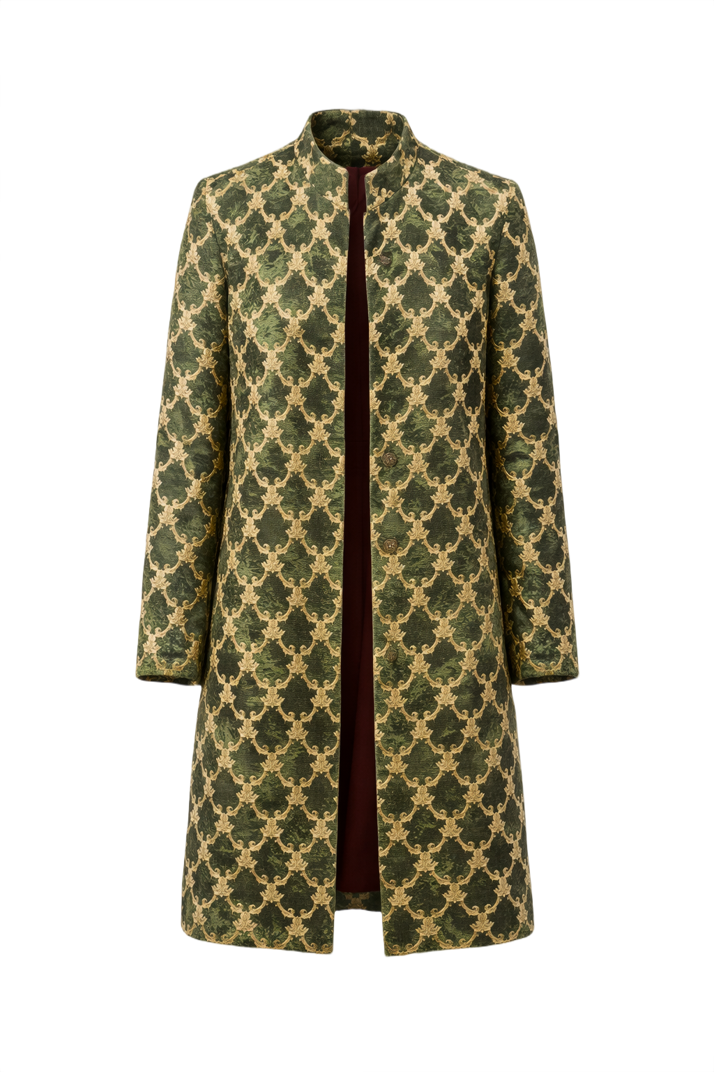 1980s Green Gold Brocade Coat - Front View