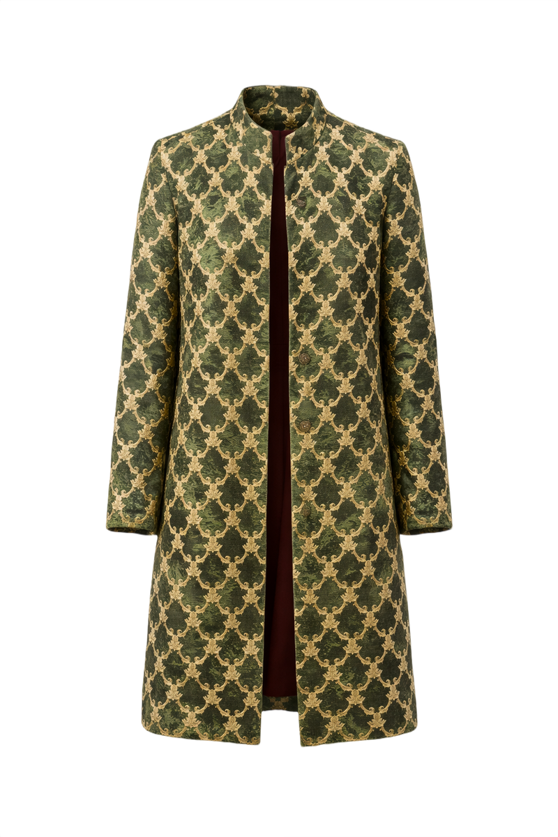 1980s Green Gold Brocade Coat - Front View