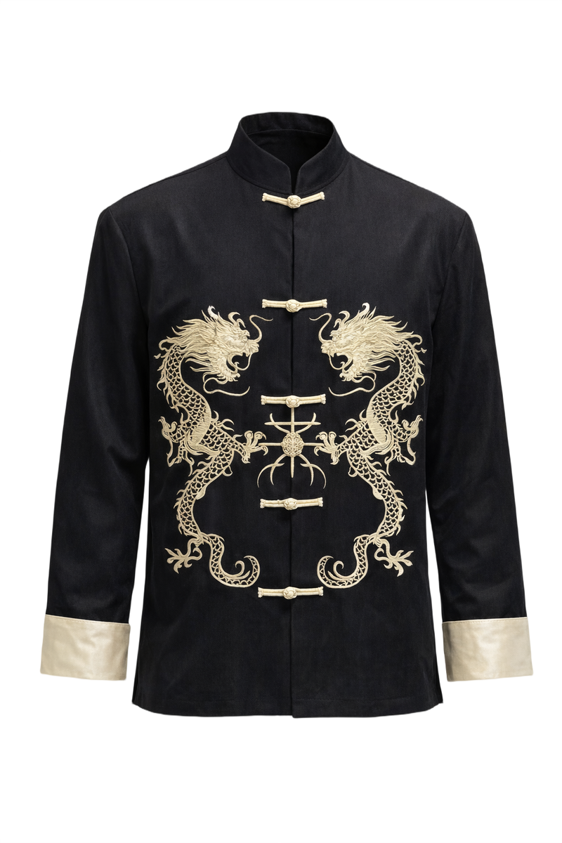 1970s Black Silk Shirt with Ivory Dragon Embroidery - Front View