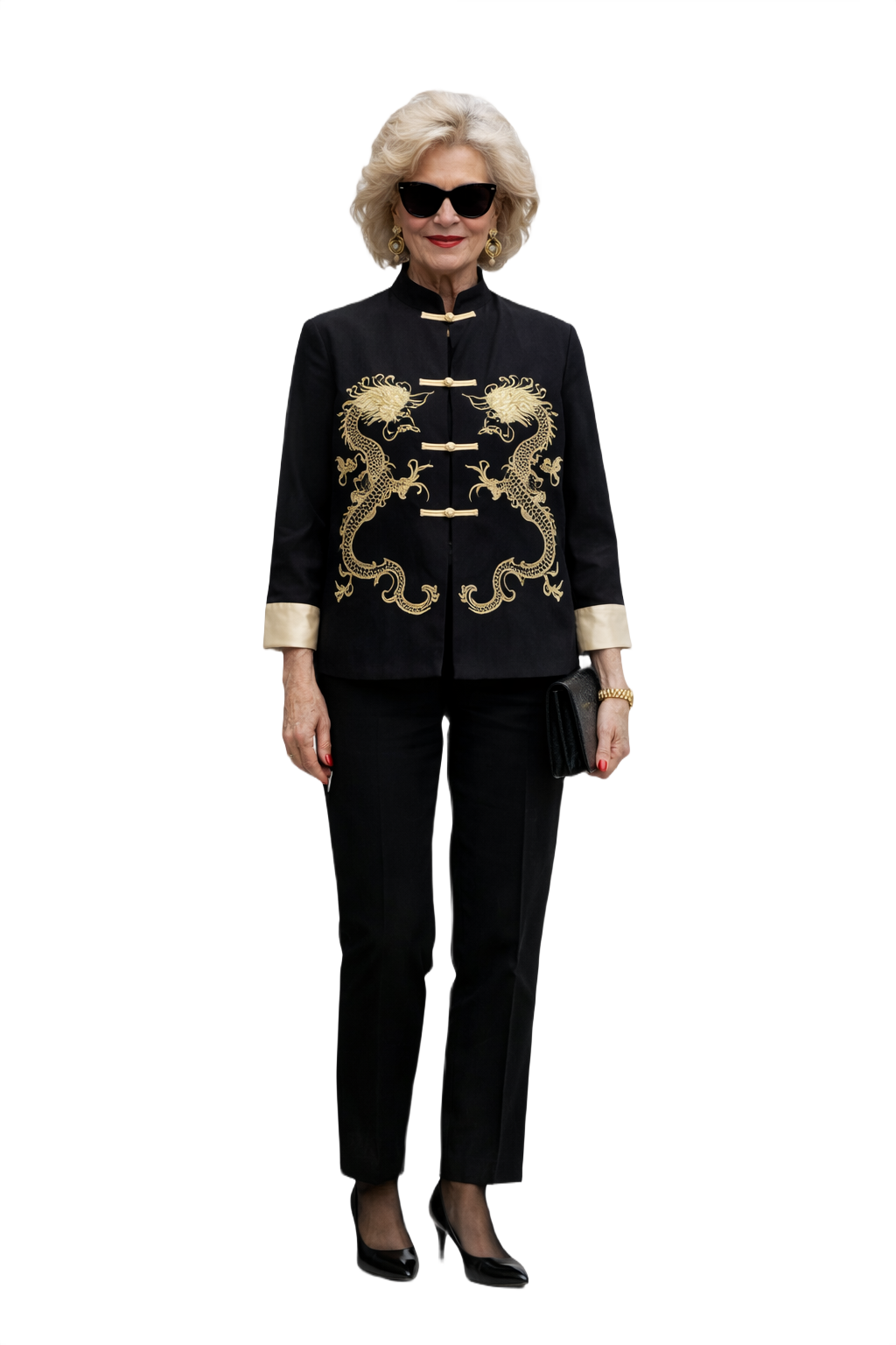 1970s Black Silk Shirt with Ivory Dragon Embroidery - Model