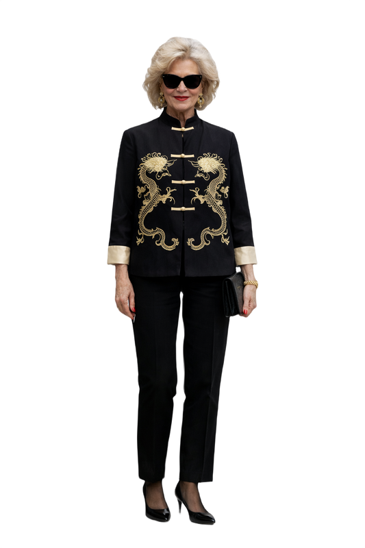 1970s Black Silk Shirt with Ivory Dragon Embroidery - Model