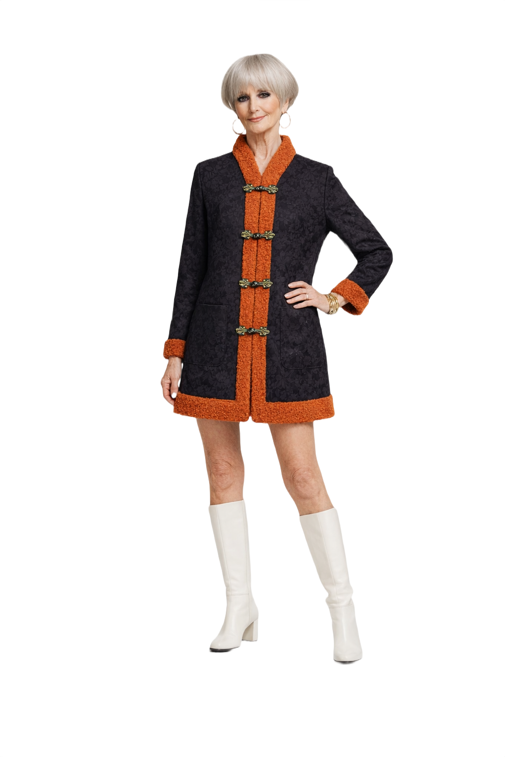 1960s Black Floral Jacquard Womens Jacket - Model