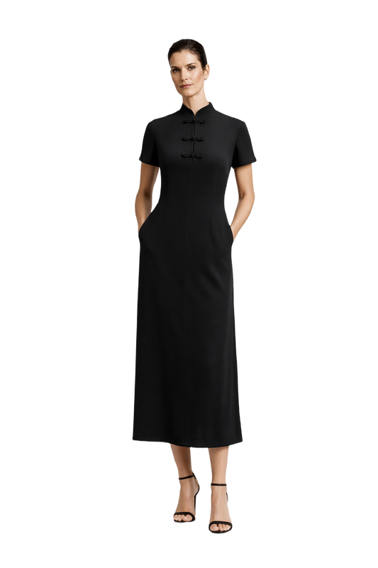1990s Black Polyester Midi Dress - Model