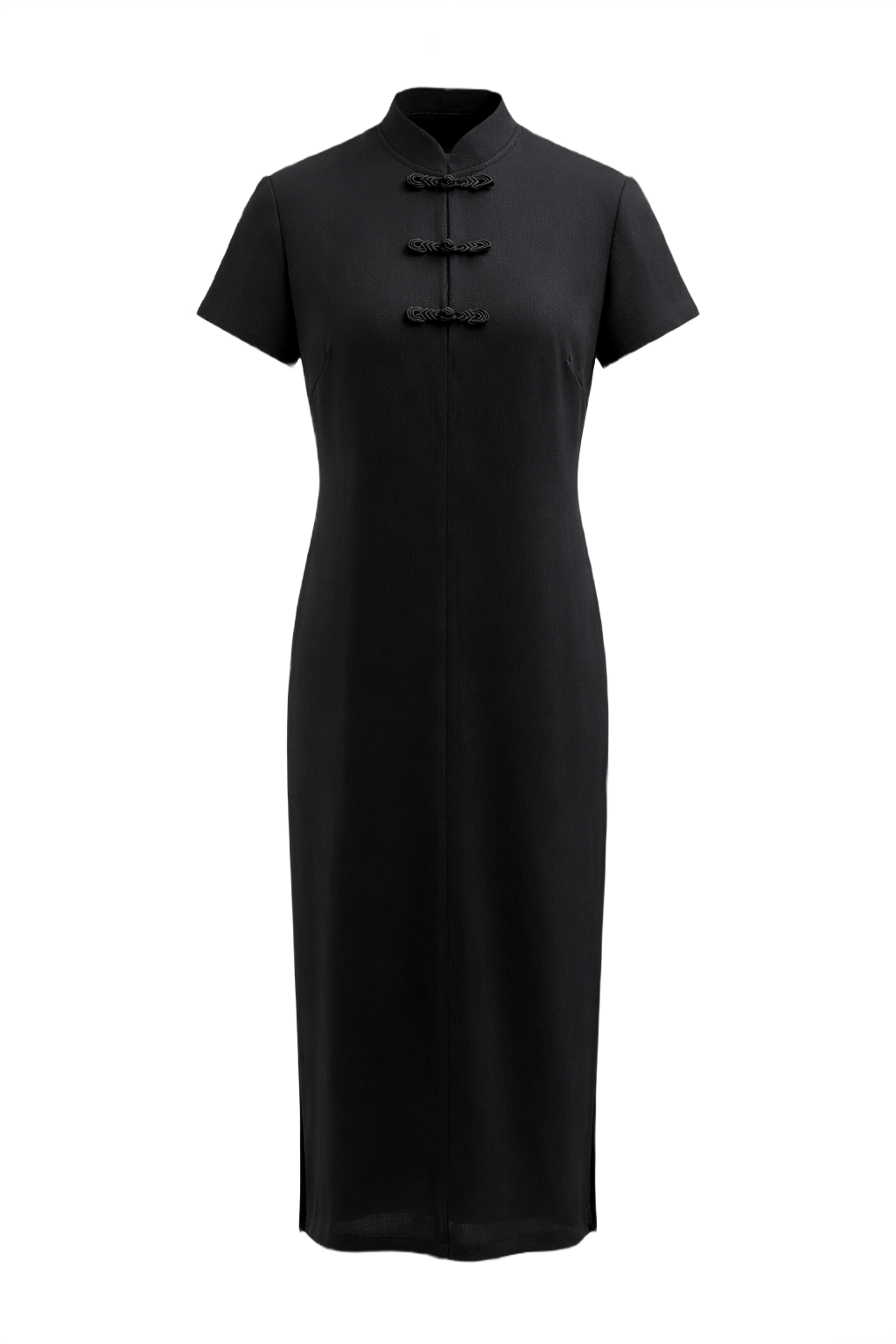 1990s Black Polyester Midi Dress - Front View