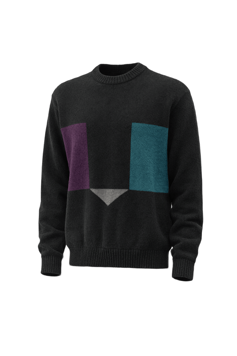 1980s Black Wool Color Block Sweater - Front View