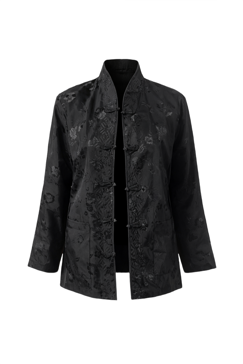 1970s Black Silk Jacket - Front View