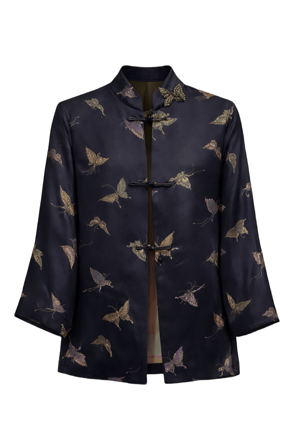 1990s Navy Blue Silk Jacket - Front View