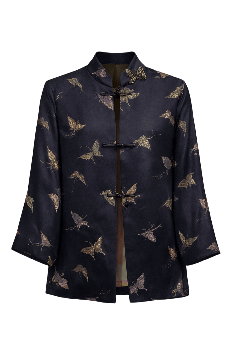1990s Navy Blue Silk Jacket - Front View