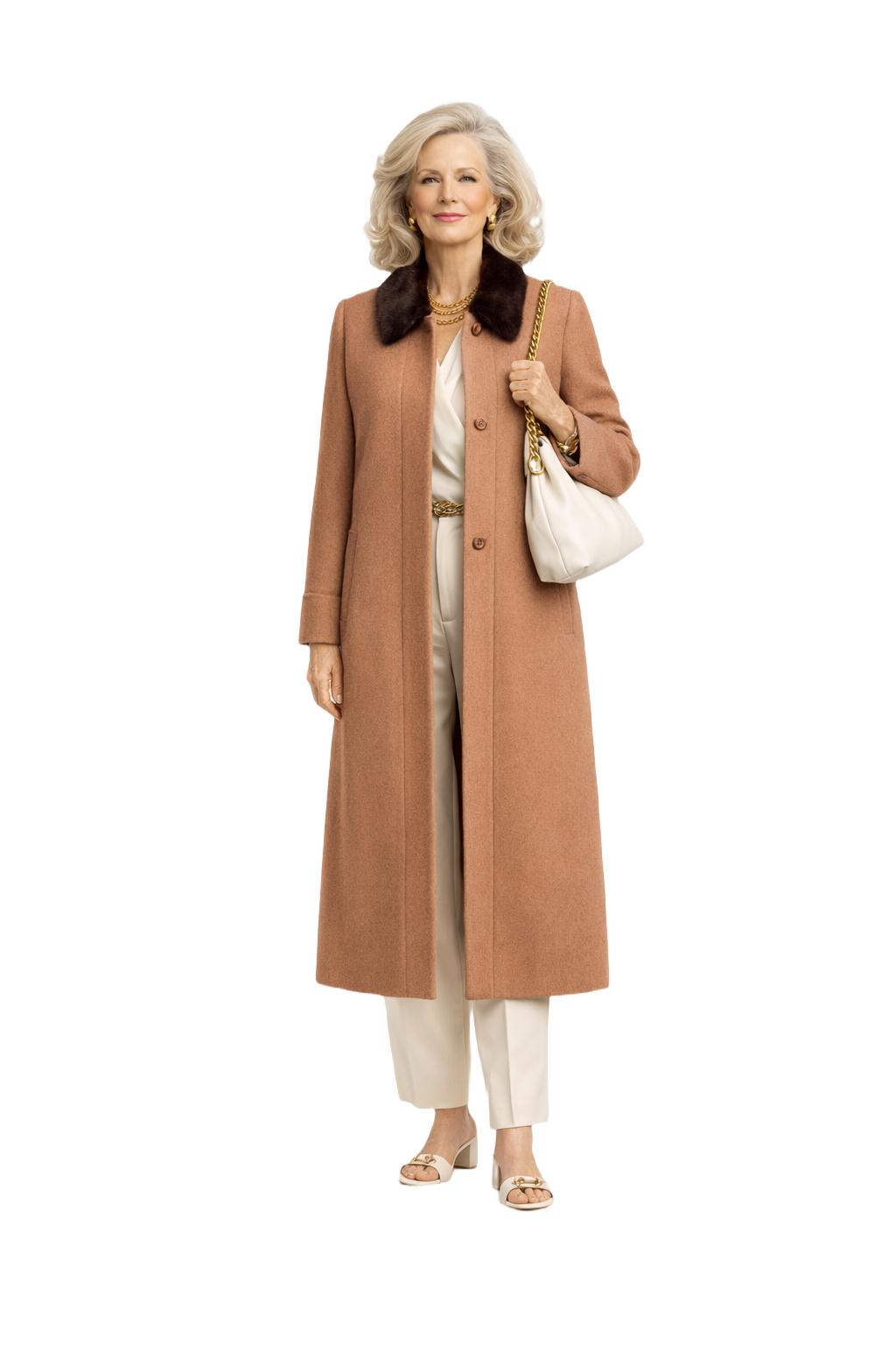 1970s Camel Wool Coat with Fur Collar - Model