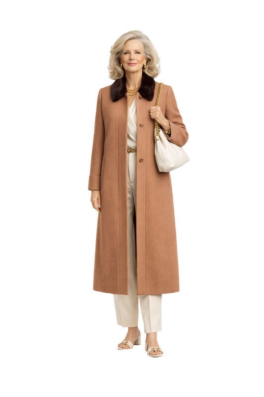 1970s Camel Wool Coat with Fur Collar - Model