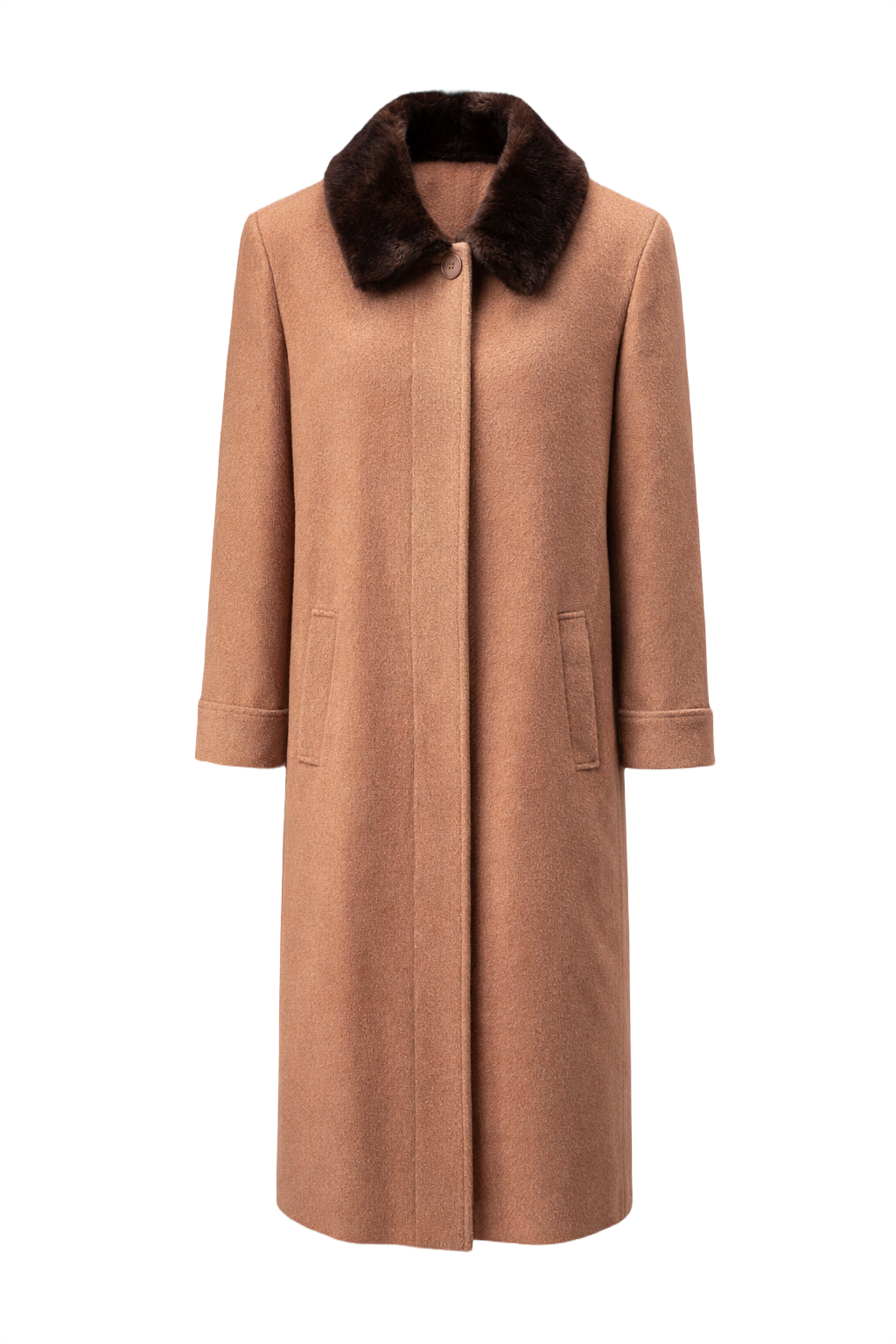 1970s Camel Wool Coat with Fur Collar - Front View